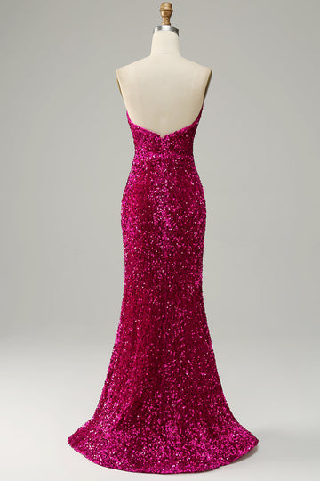 Abito da ballo senza spalline fucsia con spacco